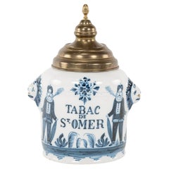 Antique Glazed Earthenware Blue and White "Tabac de St. Omer" Tobacco Jar