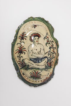 Glazed earthenware medaillon, with fantastical animals by Jérôme Galvin.