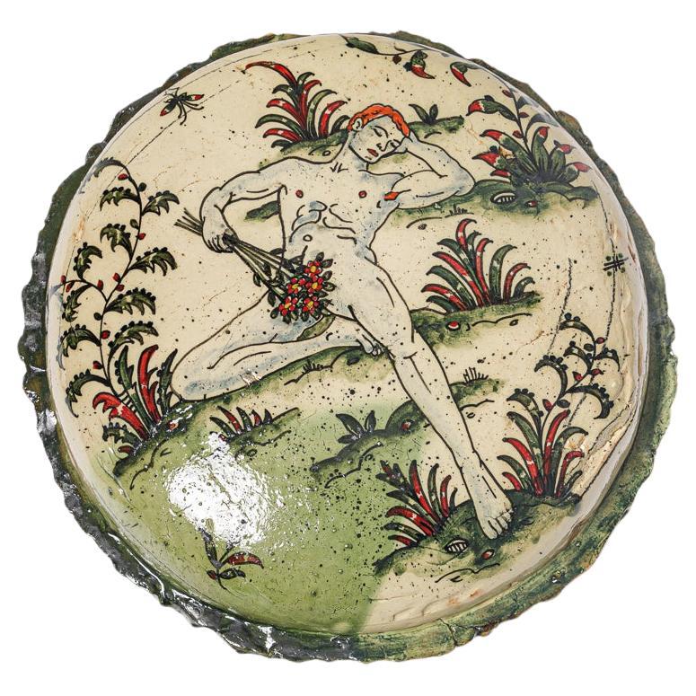 Glazed earthenware medaillon, with fantastical animals by Jérôme Galvin. For Sale