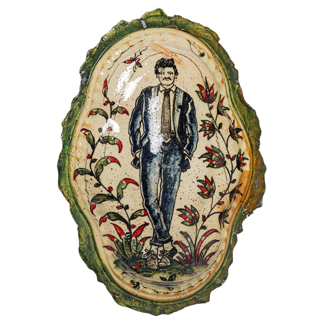 Glazed earthenware medaillon, with fantastical animals by Jérôme Galvin.