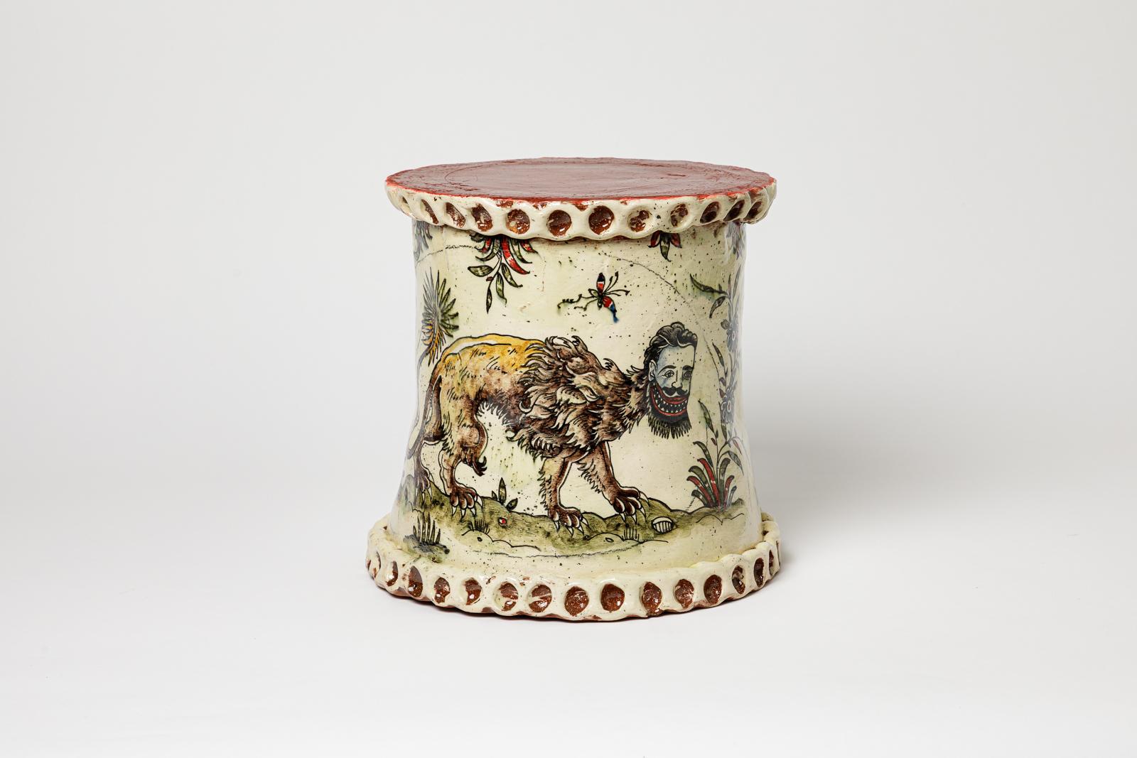 Small Glazed earthenware table or stool, decorated with a chimera by Jérôme Galvin.
Artist’s signature at the base. 2025. Unique piece.
H: 9.5 × 12.2 × 11.8 inches.
