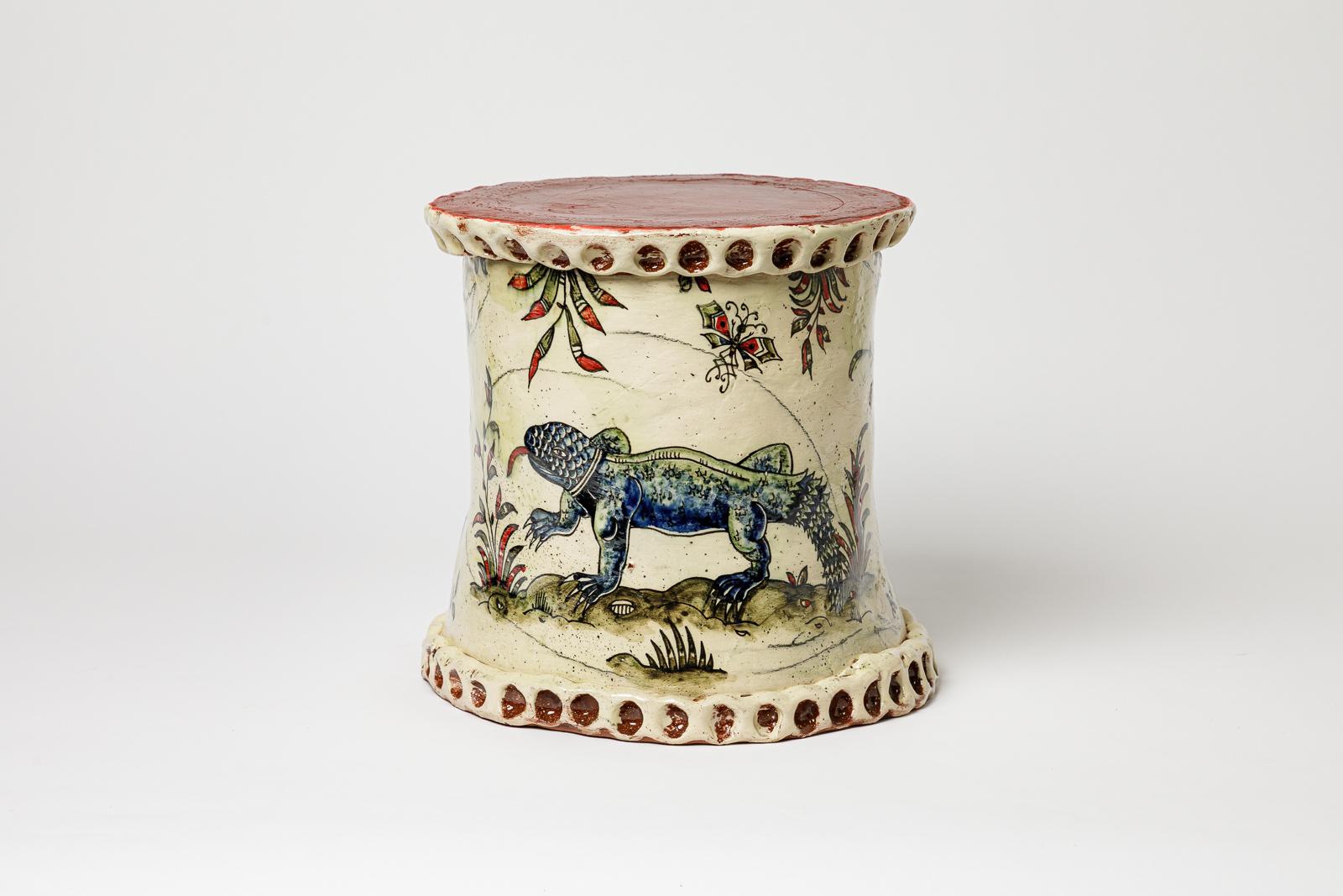 Francese Glazed earthenware stool decorated with a chimera by Jérôme Galvin, 2025. in vendita