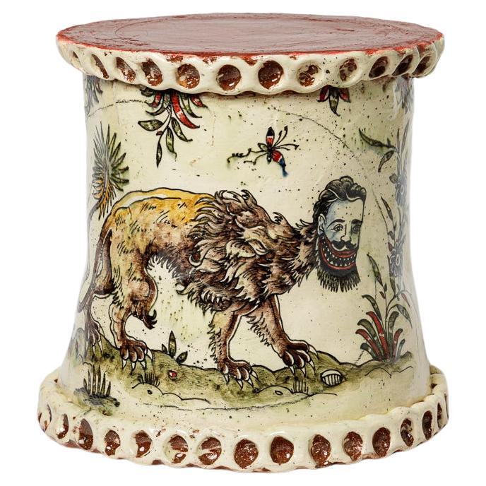 Glazed earthenware stool decorated with a chimera by Jérôme Galvin, 2025.