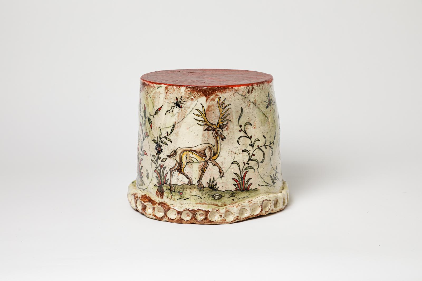 Beaux-Arts Glazed earthenware stool, decorated with a ram by Jérôme Galvin, 2025. in vendita