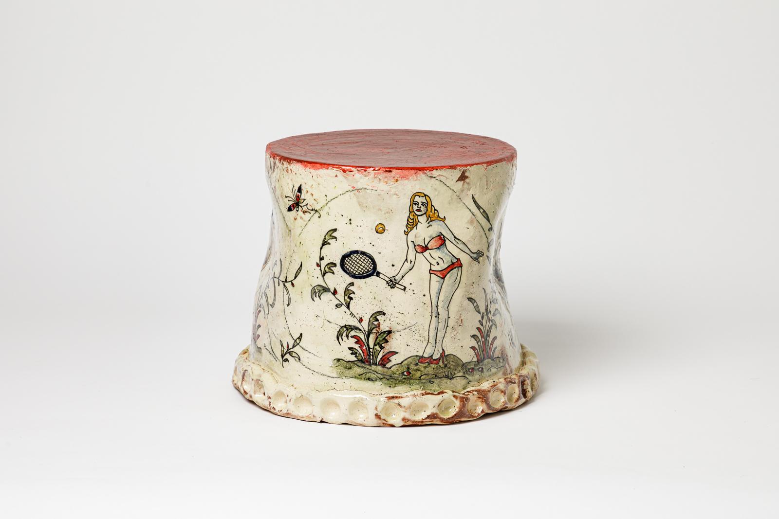 Francese Glazed earthenware stool, decorated with a ram by Jérôme Galvin, 2025. in vendita