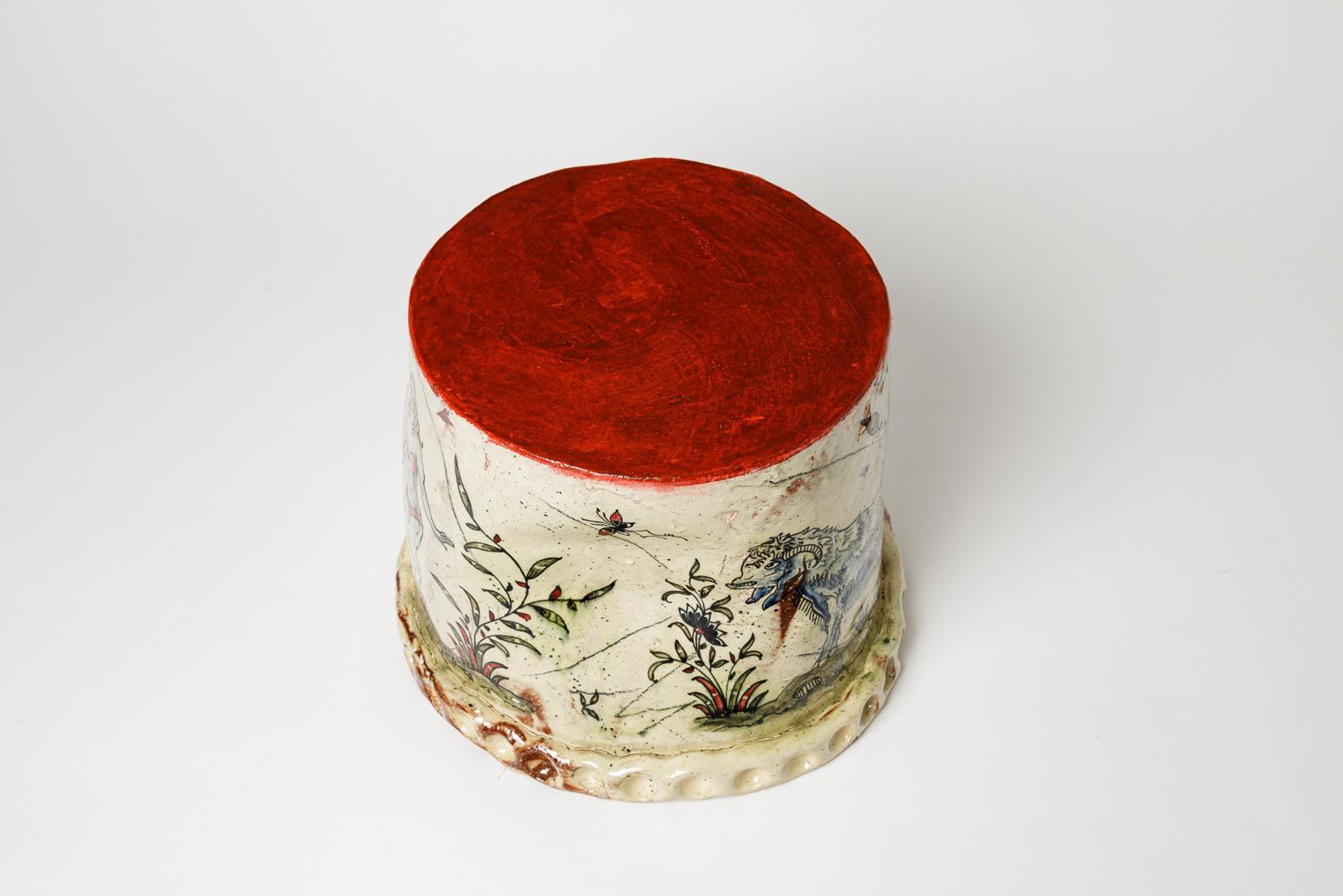 XXI secolo e contemporaneo Glazed earthenware stool, decorated with a ram by Jérôme Galvin, 2025. in vendita
