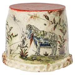 Glazed earthenware stool, decorated with a ram by Jérôme Galvin, 2025.