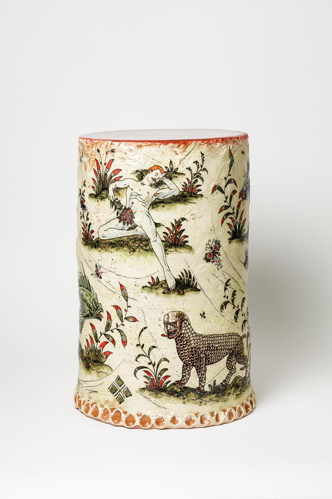 Glazed earthenware stool or table  decorated with fantastical animals by Jérôme Galvin. 
Artist’s signature at the base. 2025. Unique piece.
H: 18.9 × 12.2 × 12.6 inches.