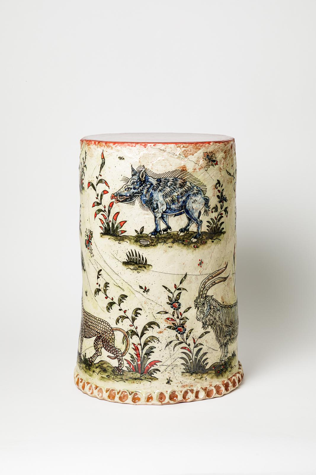 Beaux-Arts Glazed earthenware stool, decorated with fantastical animals by Jérôme Galvin. in vendita