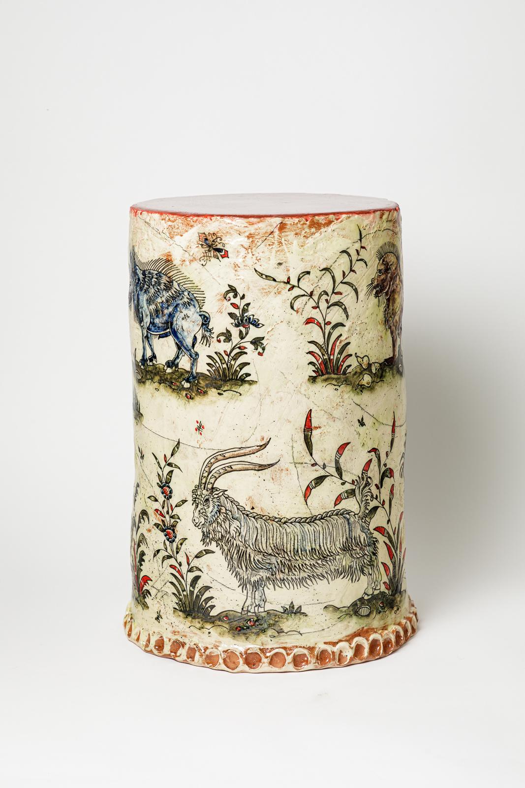 Francese Glazed earthenware stool, decorated with fantastical animals by Jérôme Galvin. in vendita
