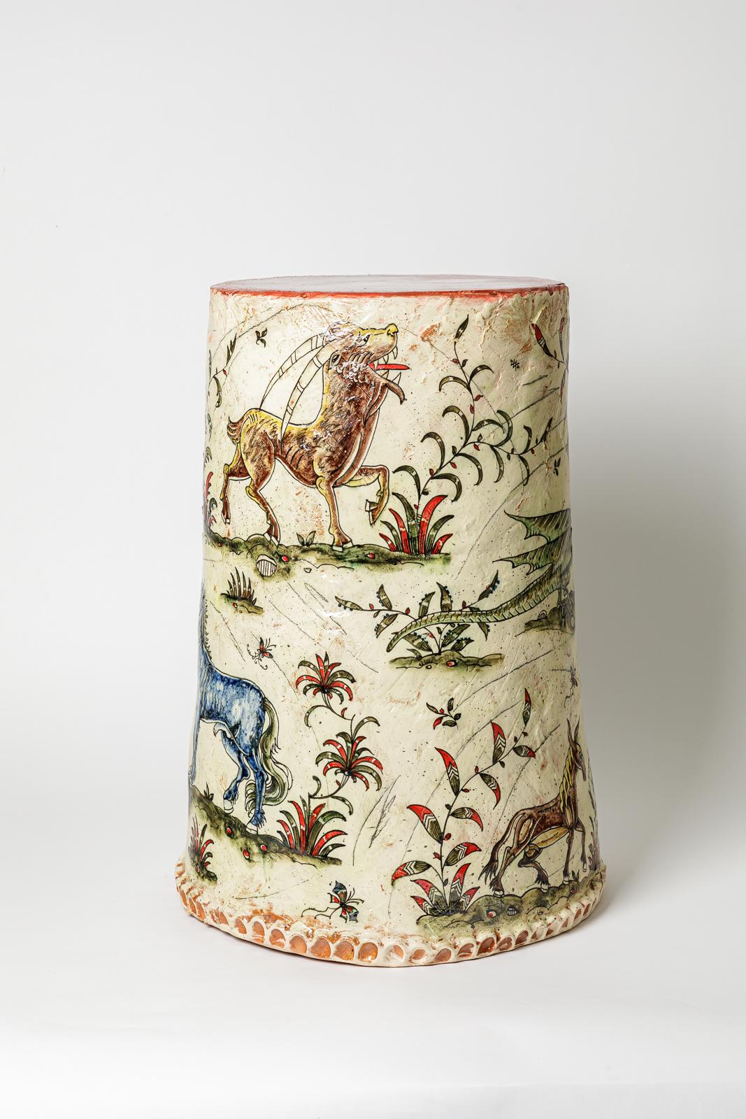 Francese Glazed earthenware stool, decorated with fantastical animals by Jérôme Galvin. in vendita