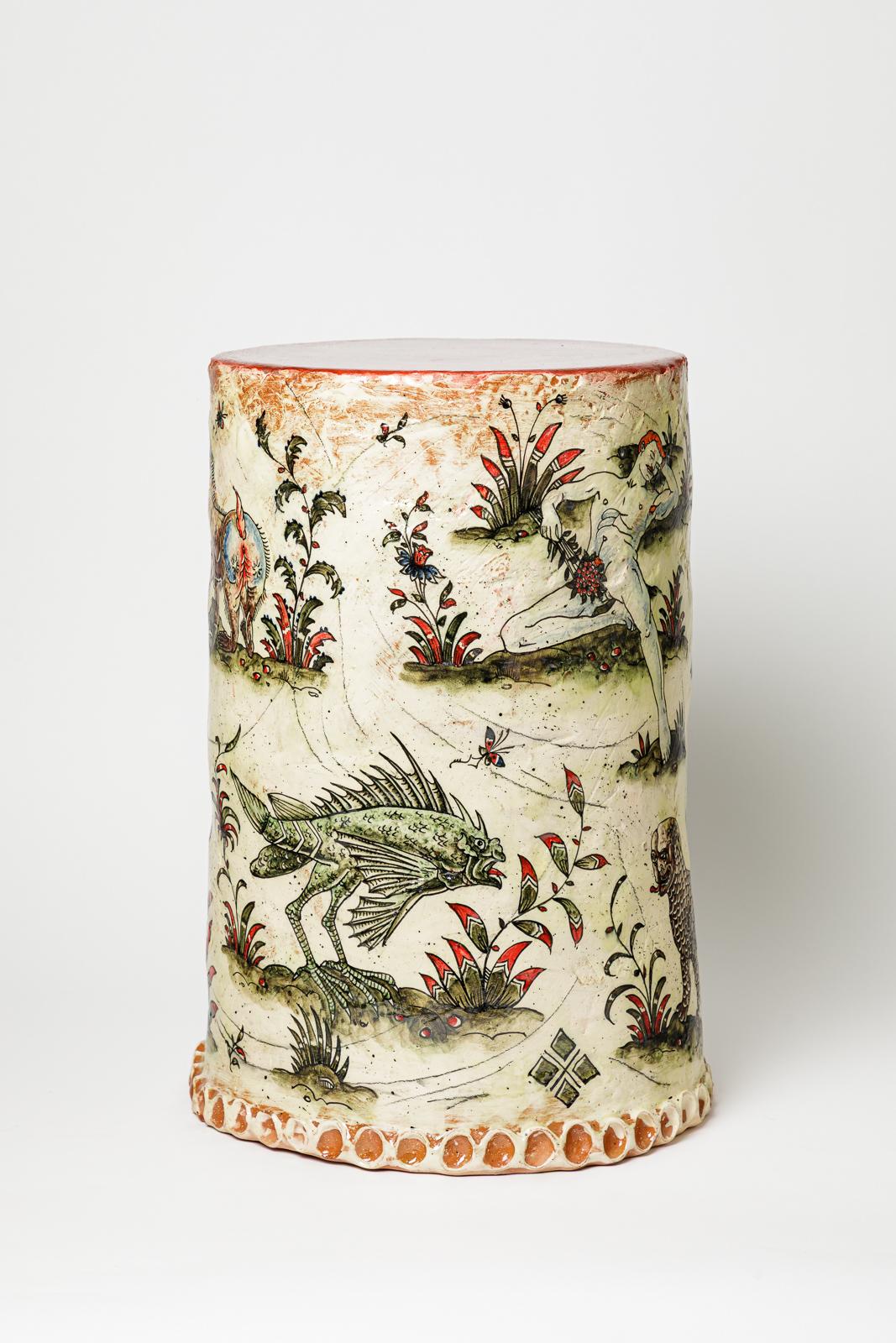 XXI secolo e contemporaneo Glazed earthenware stool, decorated with fantastical animals by Jérôme Galvin. in vendita