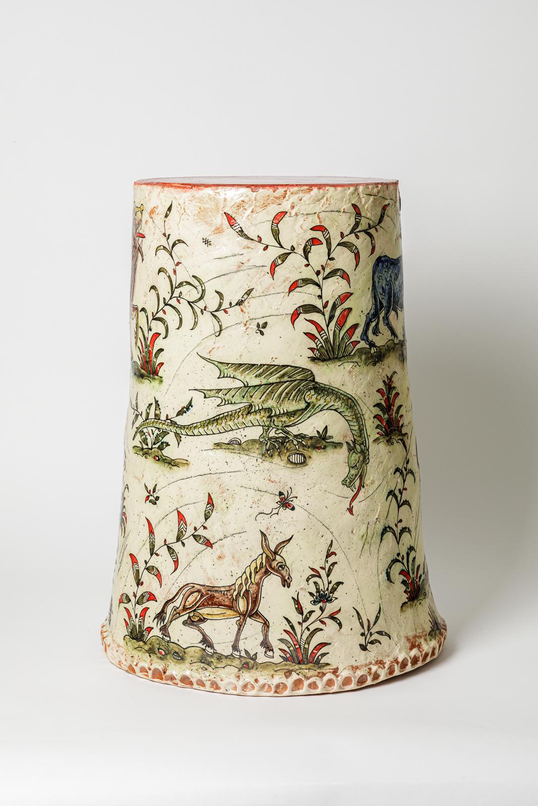 XXI secolo e contemporaneo Glazed earthenware stool, decorated with fantastical animals by Jérôme Galvin. in vendita
