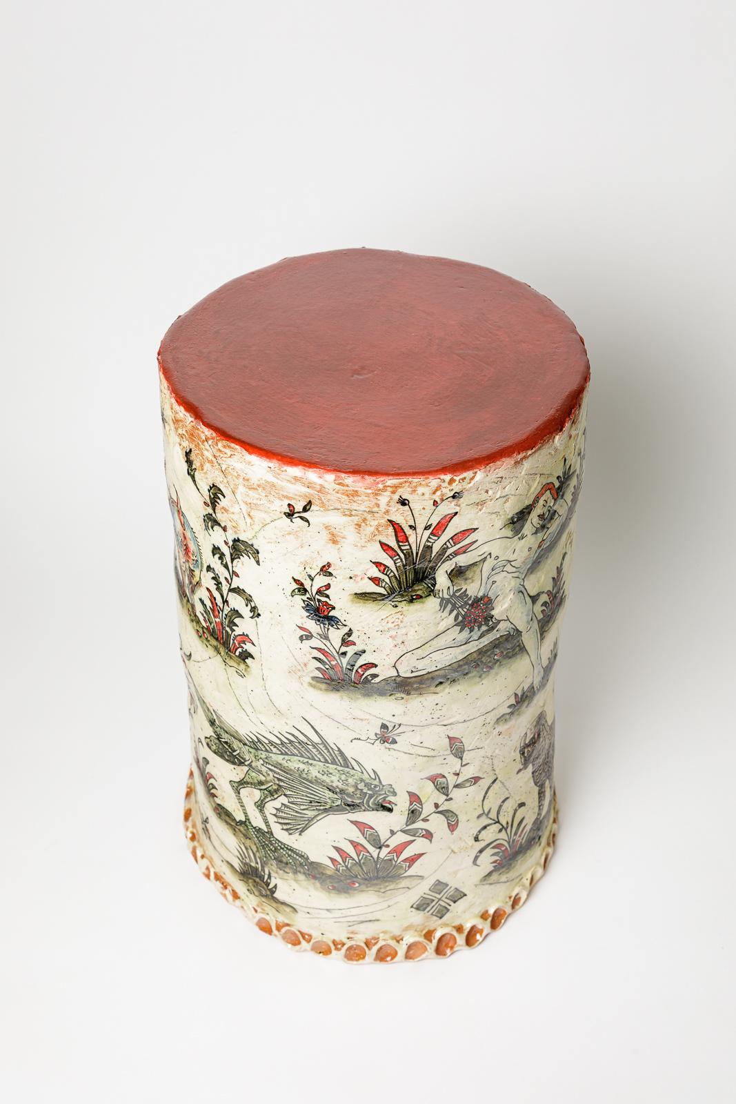 Ceramica Glazed earthenware stool, decorated with fantastical animals by Jérôme Galvin. in vendita
