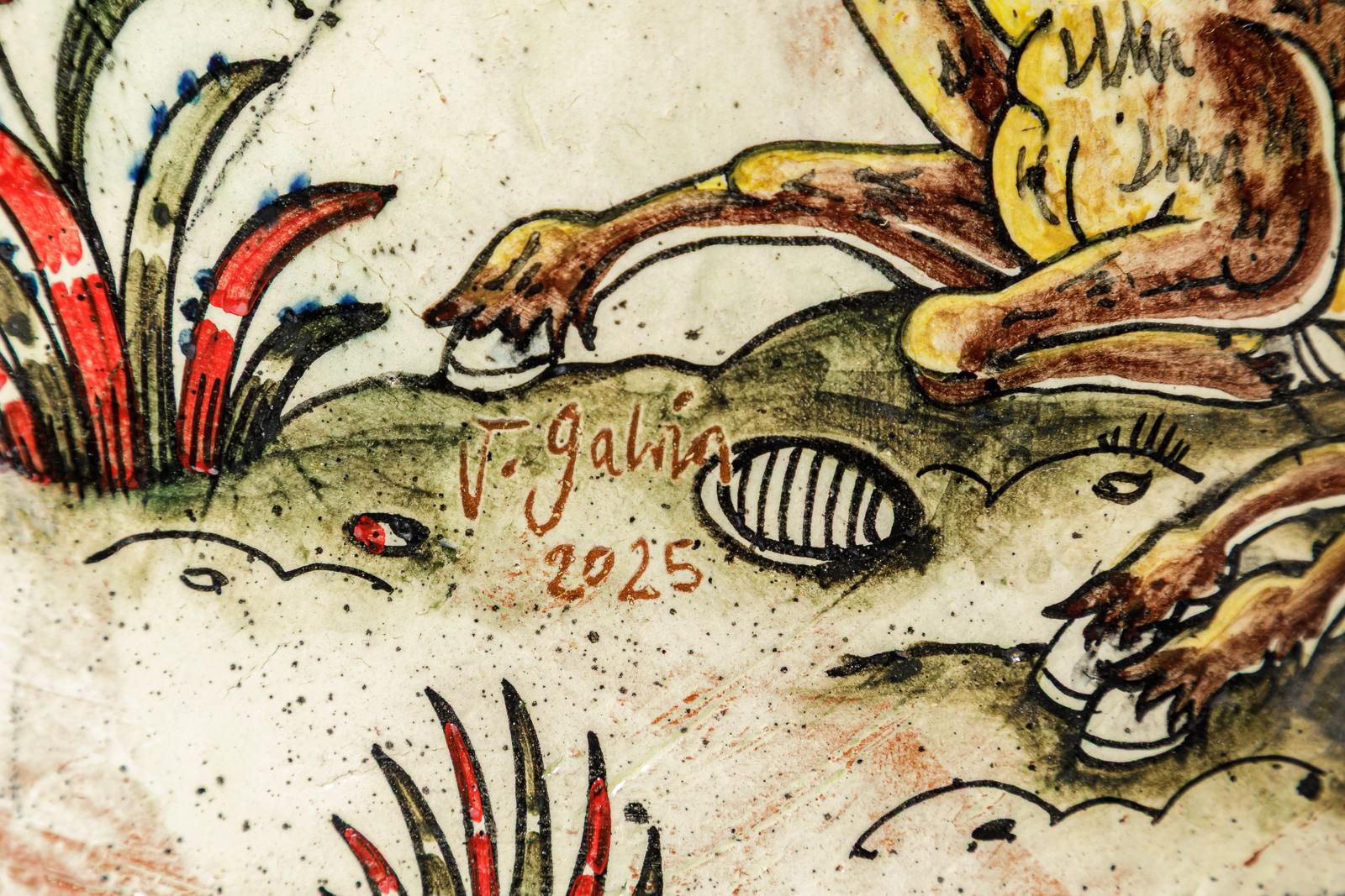 Ceramica Glazed earthenware stool, decorated with fantastical animals by Jérôme Galvin. in vendita