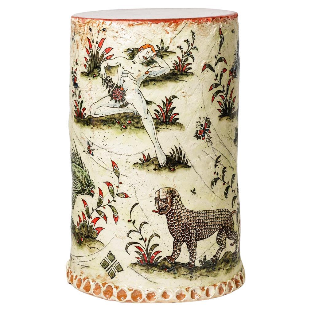 Glazed earthenware stool, decorated with fantastical animals by Jérôme Galvin.