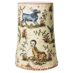 Glazed earthenware stool, decorated with fantastical animals by Jérôme Galvin.