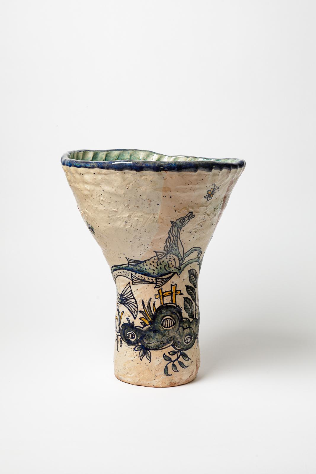 Glazed earthenware vase, decorated with fantastical animals by Jérôme Galvin. 
Artist’s signature at the base «J.Galvin». 2020. Unique piece.
H: 16.9 × 15.4 × 14.2 inches.