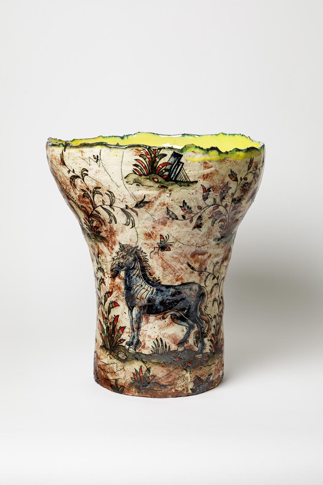 Glazed earthenware vase, decorated with fantastical animals by Jérôme Galvin.
Artist’s signature at the base «J.Galvin Moustiers». 2025. Unique piece.
H: 17.3 × 12.6 × 16.5 inches.