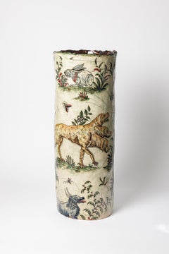 Glazed earthenware vase, decorated with fantastical animals by Jérôme Galvin.