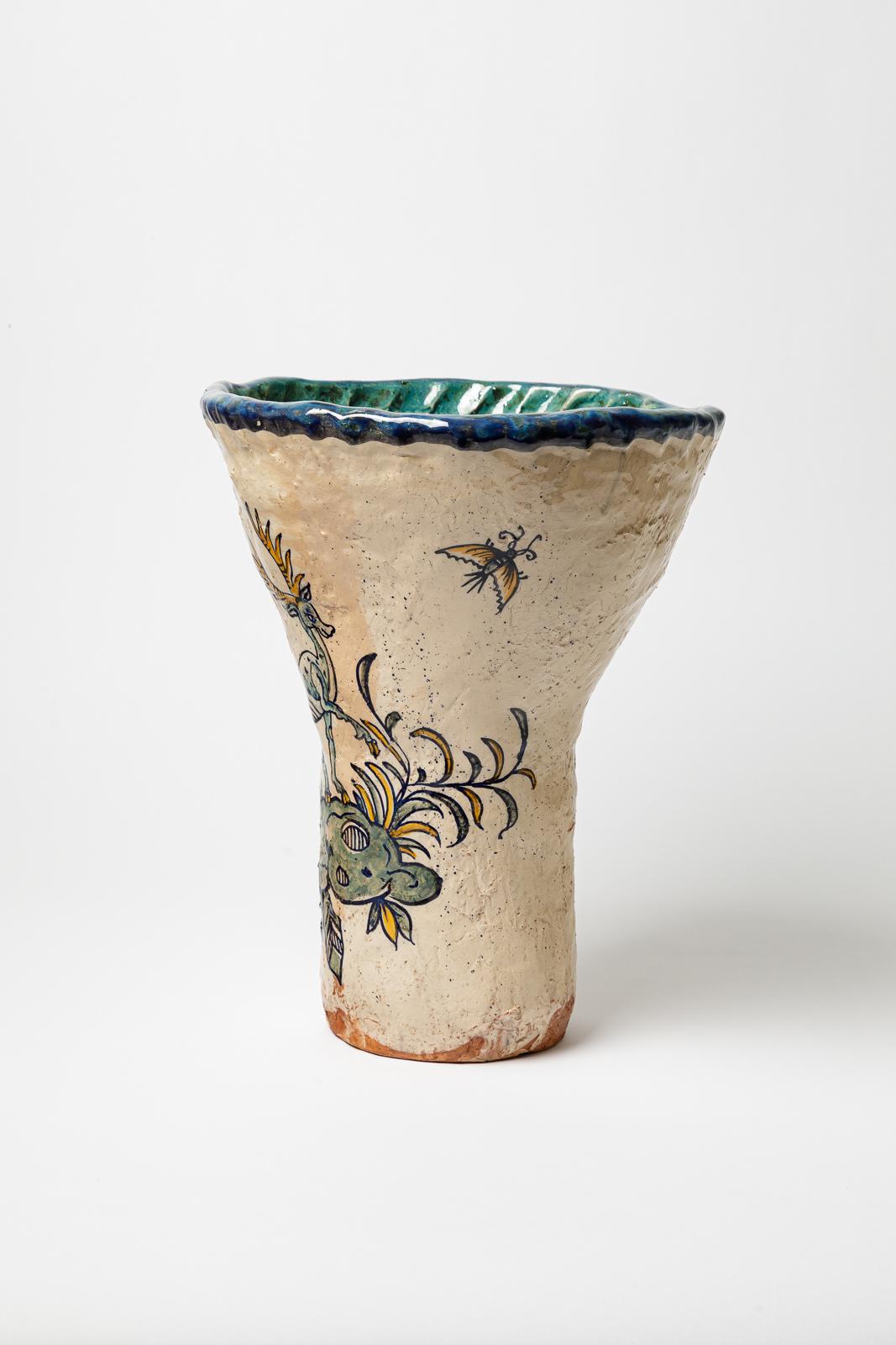 Beaux-Arts Glazed earthenware vase, decorated with fantastical animals by Jerome Galvin. in vendita