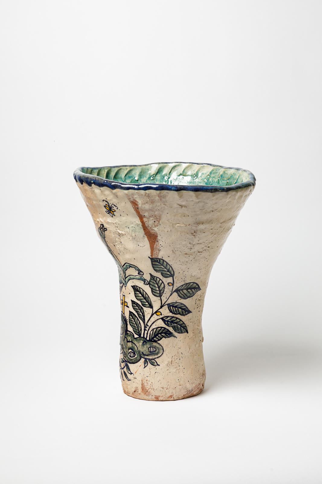 Beaux-Arts Glazed earthenware vase, decorated with fantastical animals by Jerome Galvin. in vendita