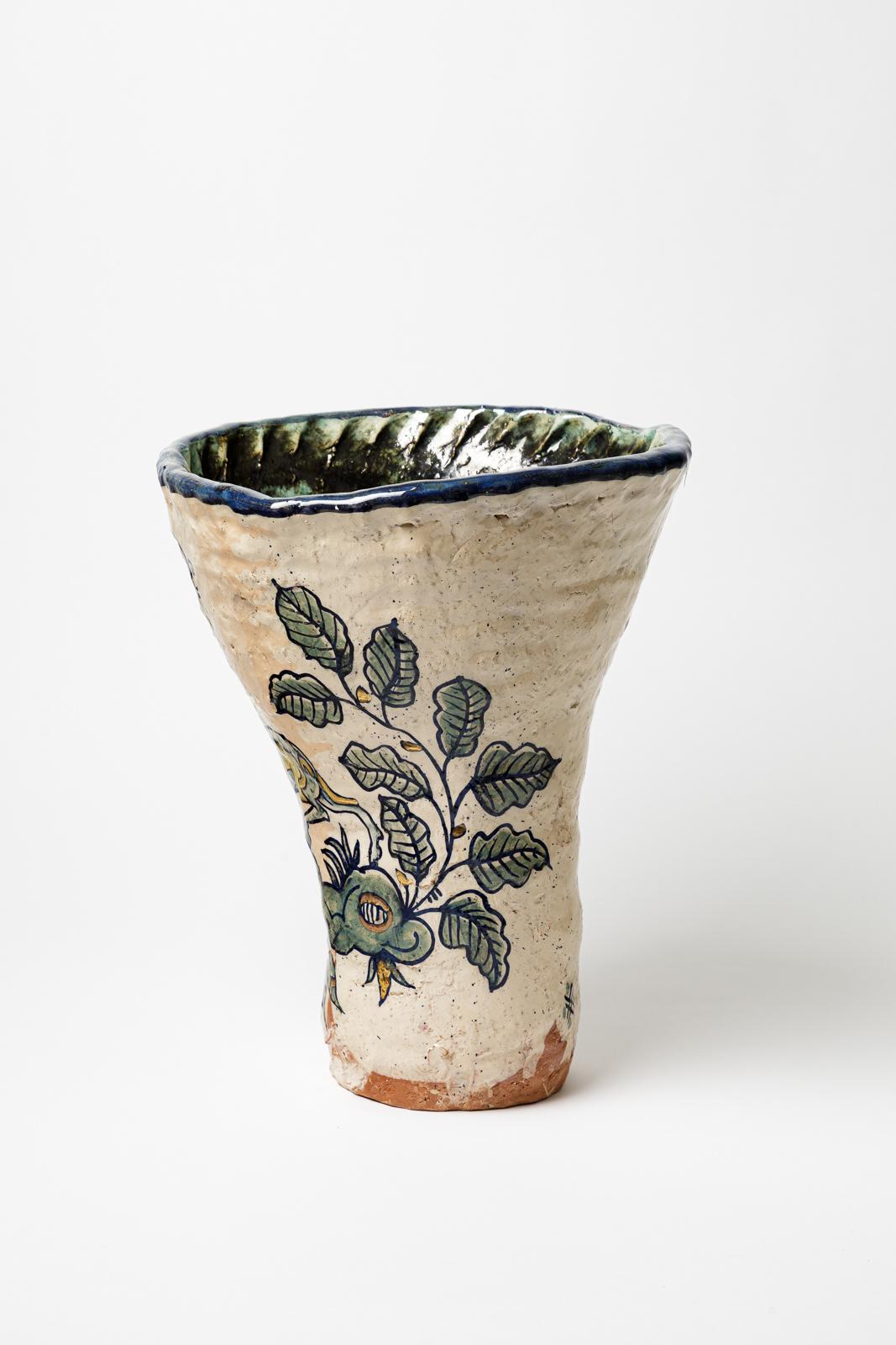 Beaux-Arts Glazed earthenware vase, decorated with fantastical animals by Jerome Galvin. in vendita