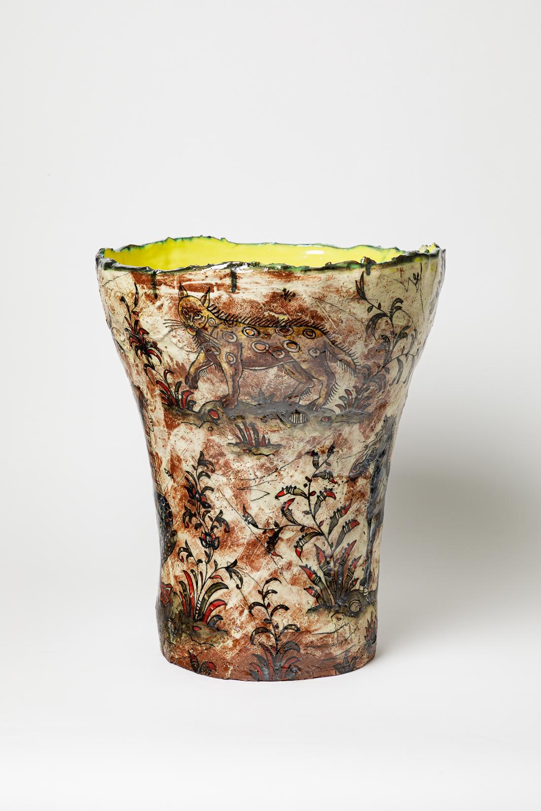 Beaux-Arts Glazed earthenware vase, decorated with fantastical animals by Jérôme Galvin. in vendita