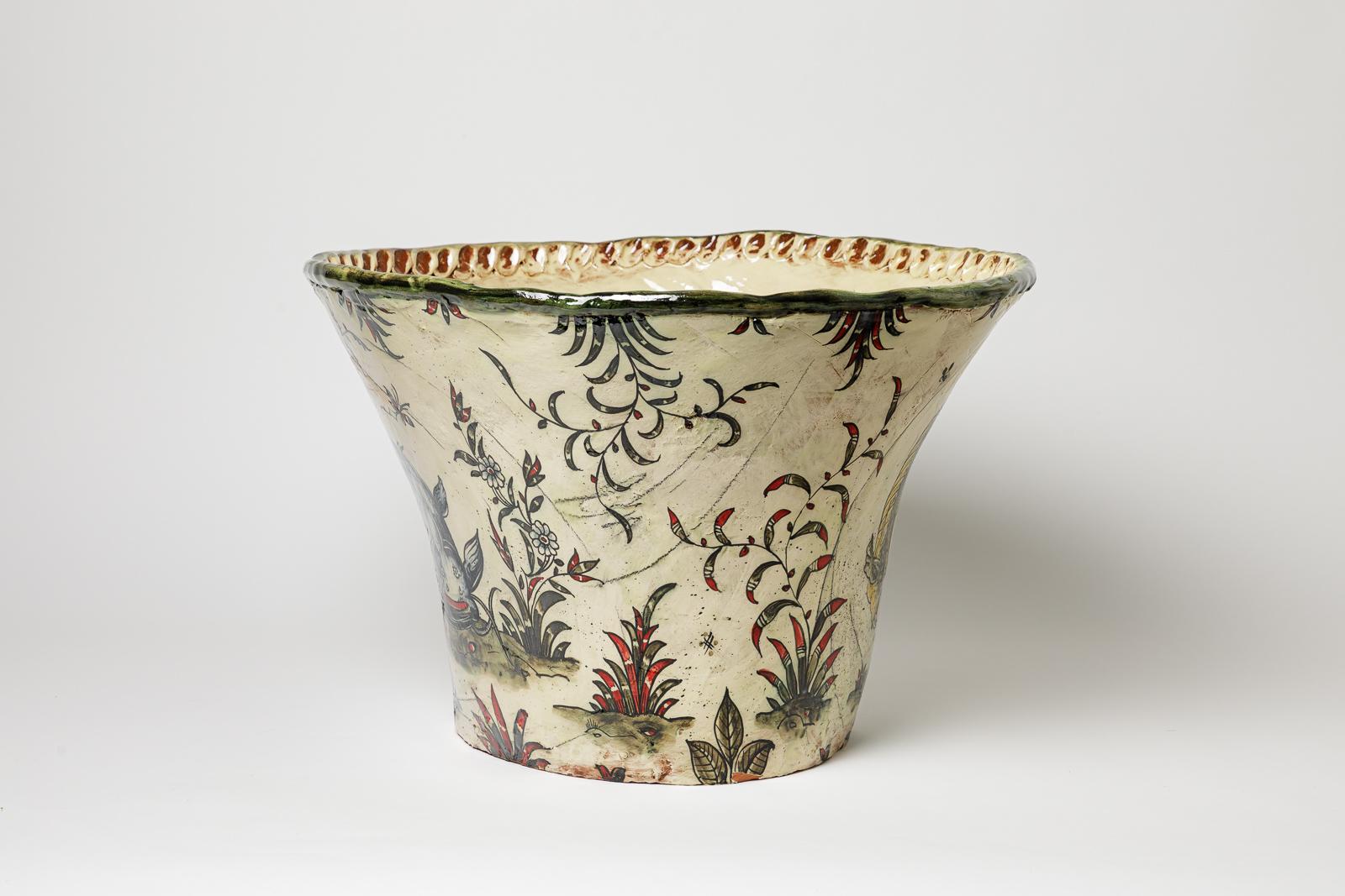 Beaux-Arts Glazed earthenware vase, decorated with fantastical animals by Jérôme Galvin. in vendita