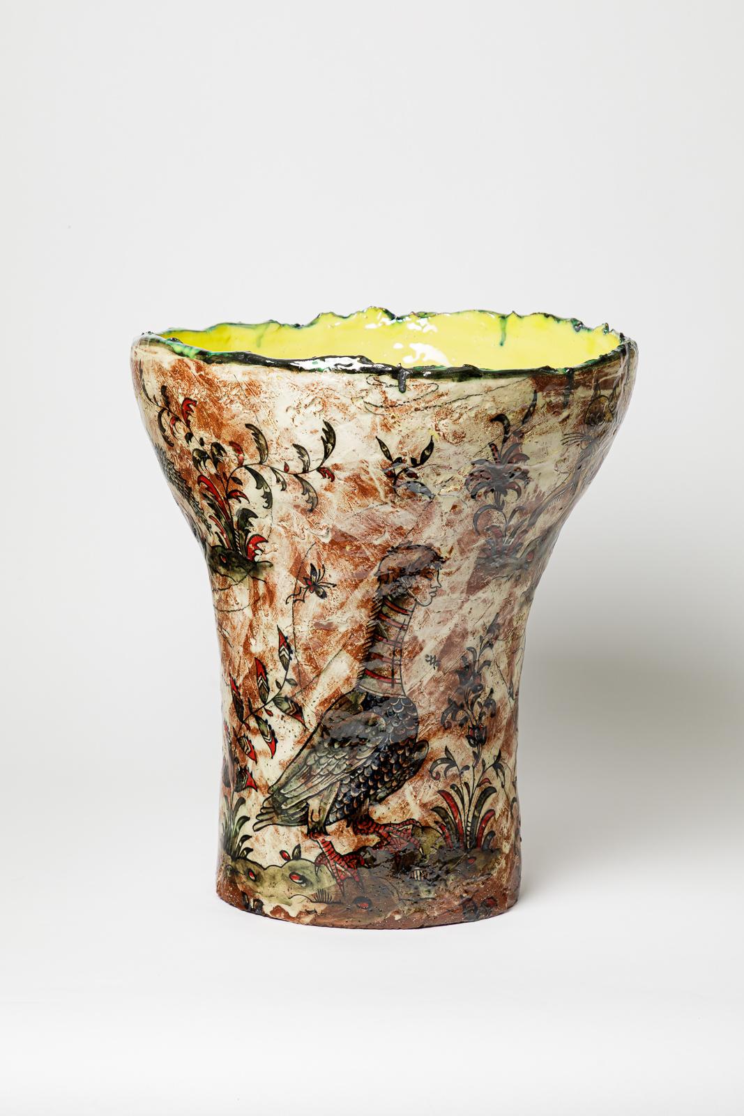 Francese Glazed earthenware vase, decorated with fantastical animals by Jérôme Galvin. in vendita