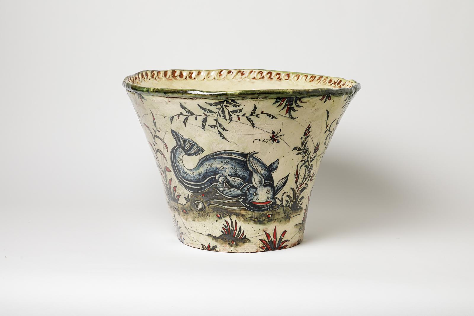 Francese Glazed earthenware vase, decorated with fantastical animals by Jérôme Galvin. in vendita