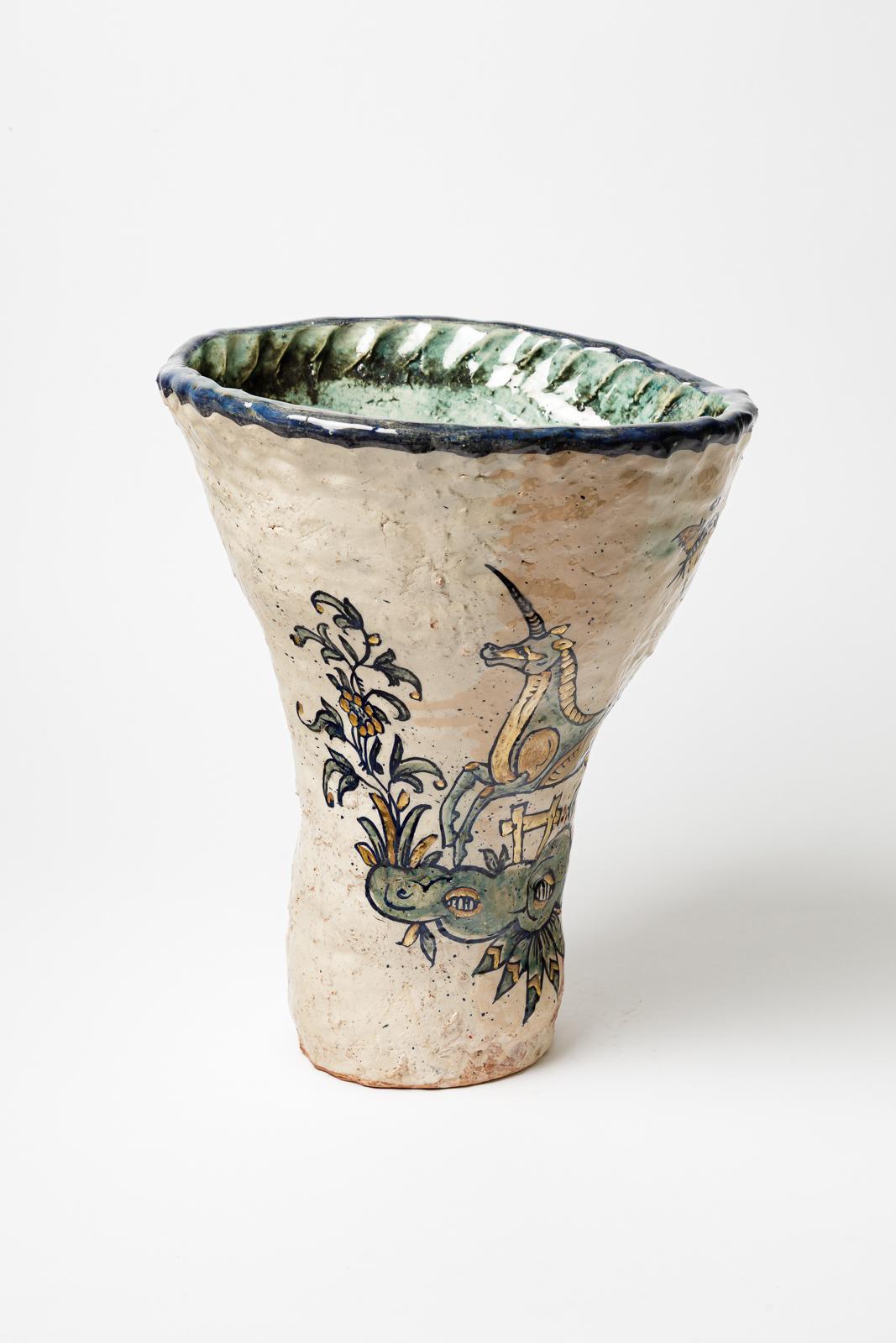 Glazed earthenware vase, decorated with fantastical animals by Jerome Galvin. In condizioni Nuovo in vendita a Saint-Ouen, FR