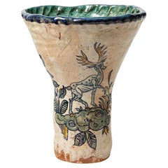 Glazed earthenware vase, decorated with fantastical animals by Jerome Galvin.