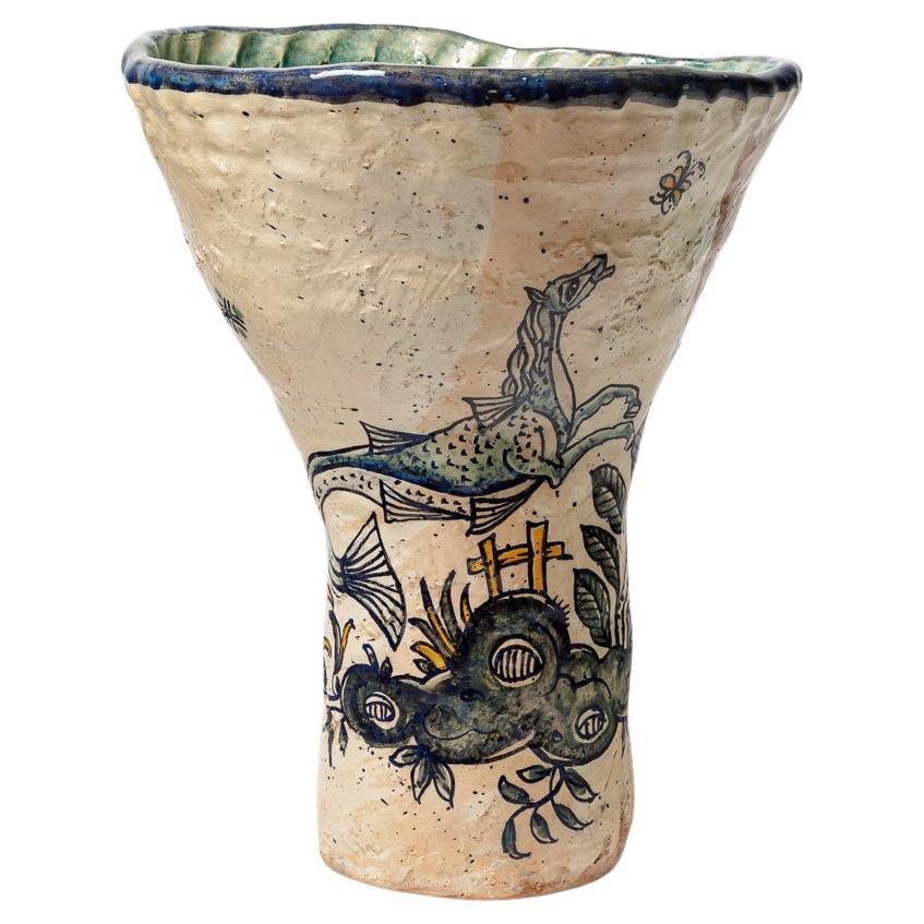 Glazed earthenware vase, decorated with fantastical animals by Jerome Galvin.