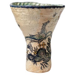 Glazed earthenware vase, decorated with fantastical animals by Jerome Galvin.