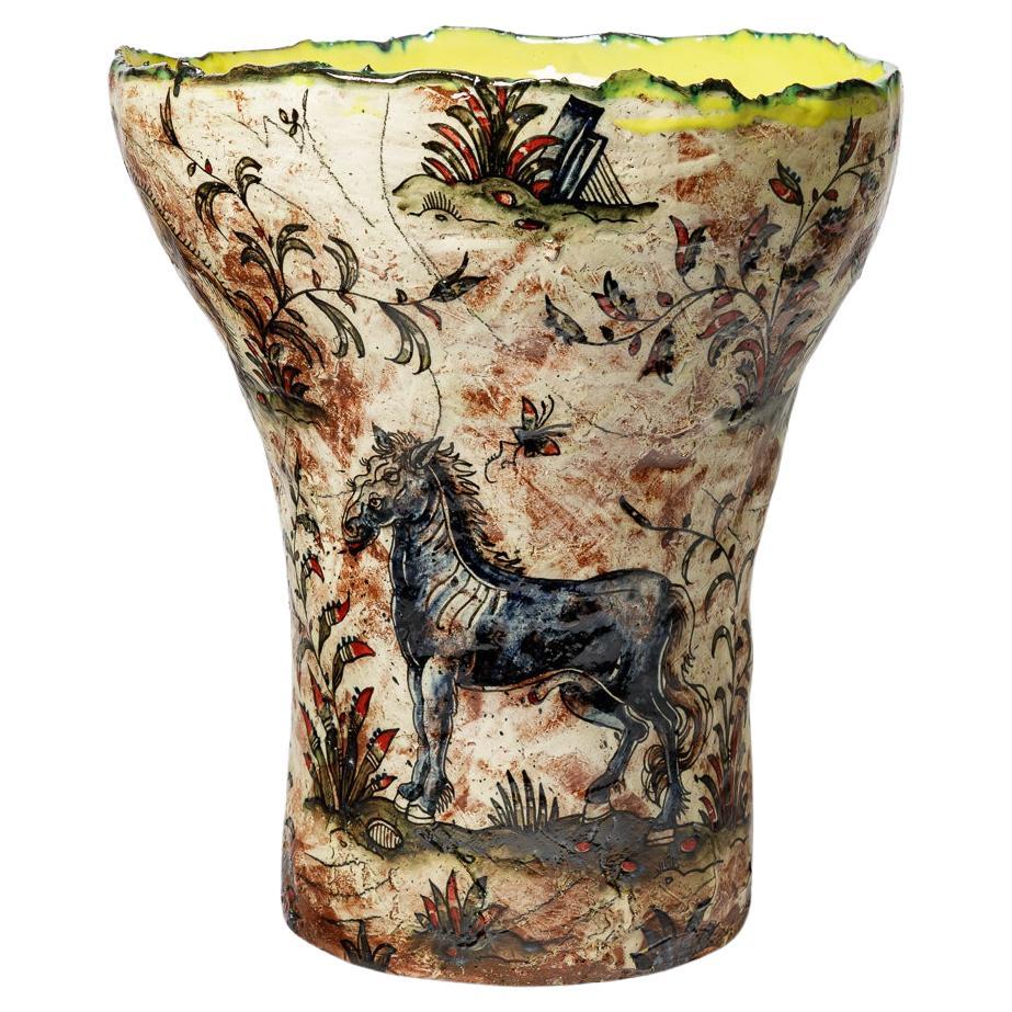Glazed earthenware vase, decorated with fantastical animals by Jérôme Galvin.