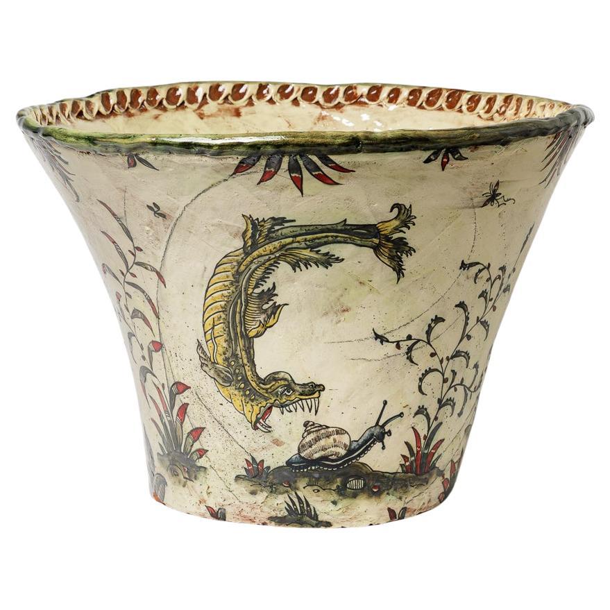 Glazed earthenware vase, decorated with fantastical animals by Jérôme Galvin.