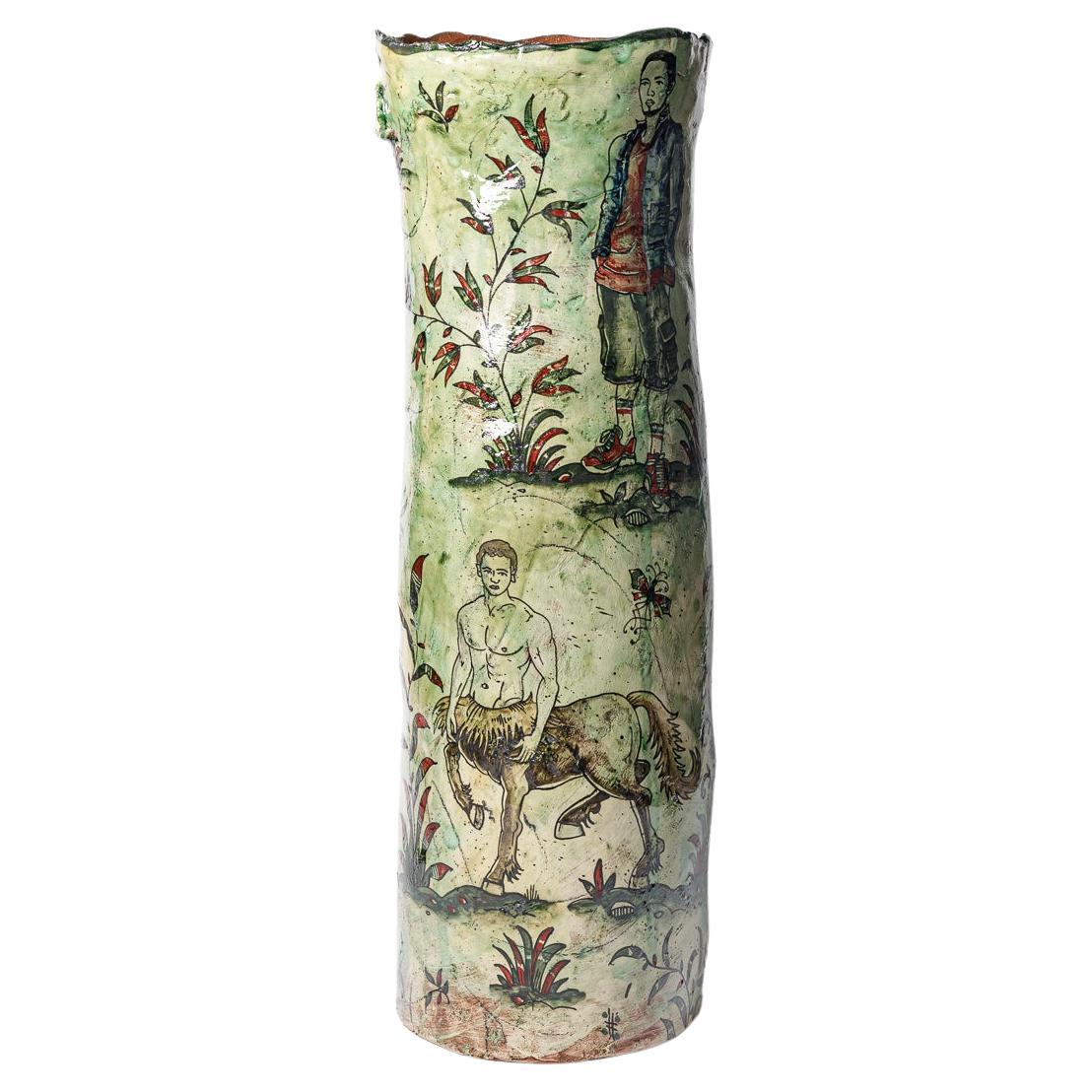 Vase aus glasiertem Steingut, verziert mit fantastischen Tieren von Jérôme Galvin. im Angebot