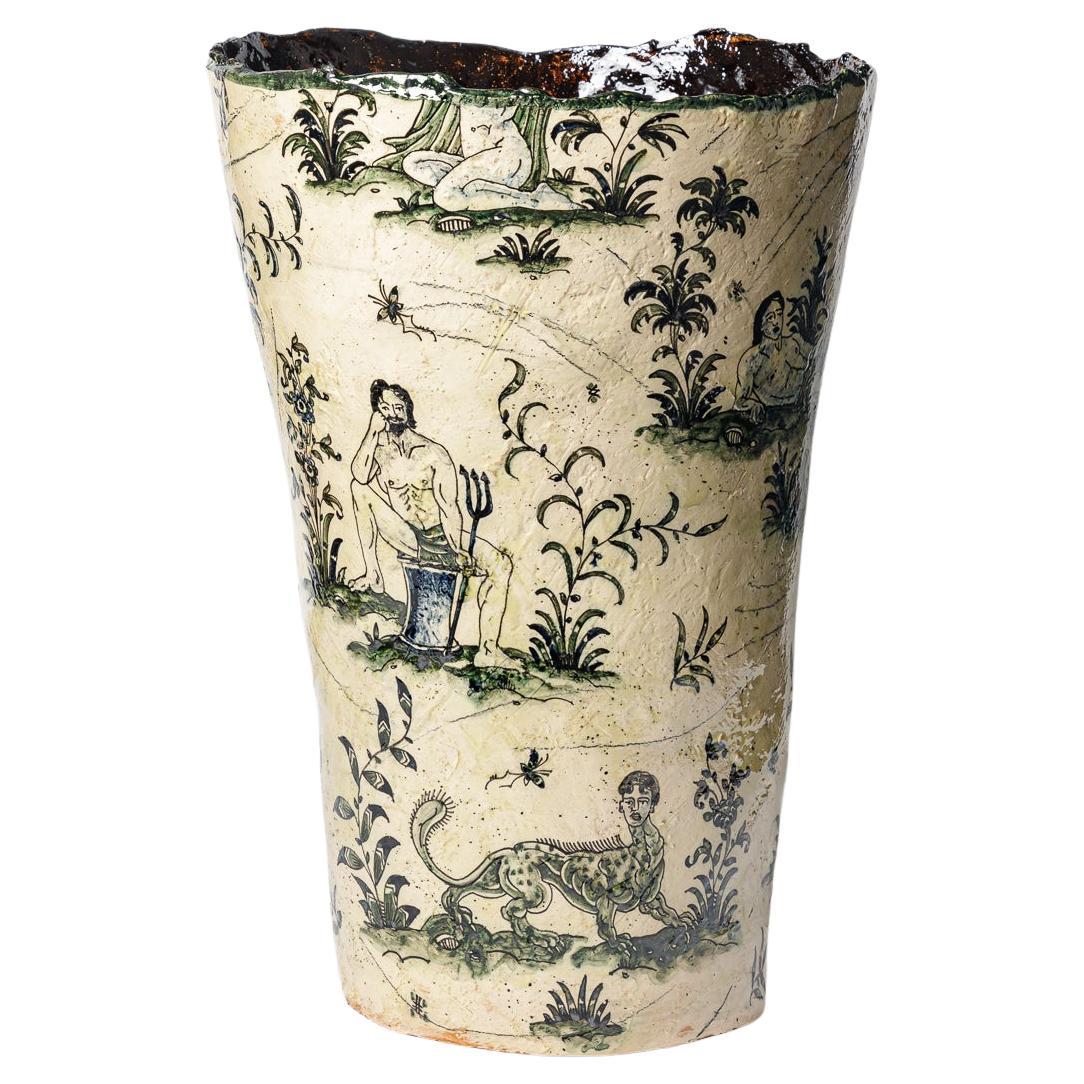 Glazed earthenware vase, decorated with fantastical animals by Jérôme Galvin.