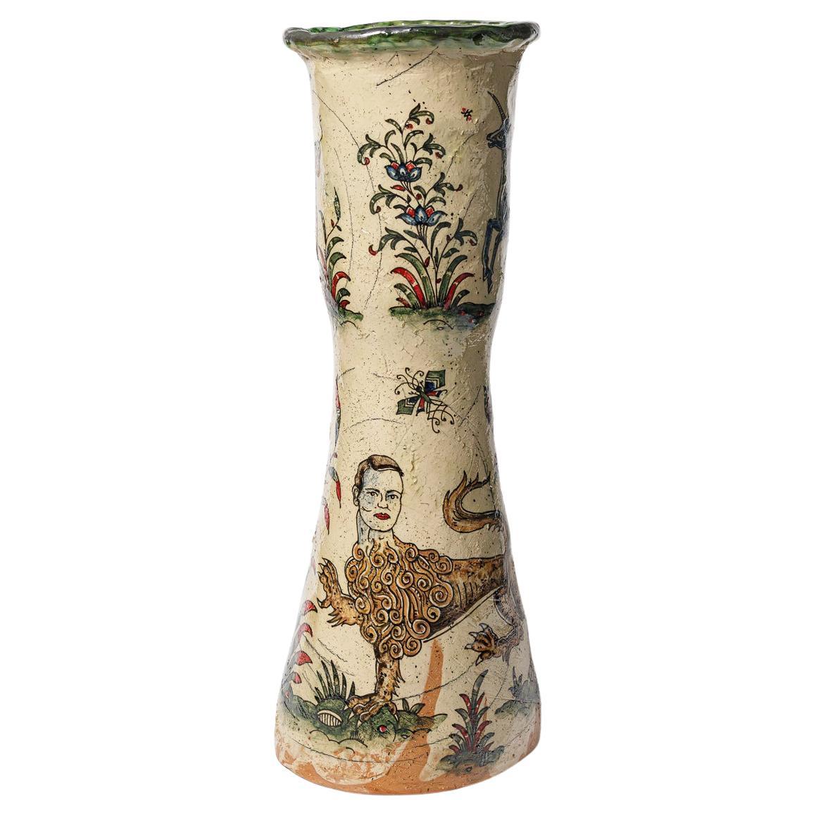 Glazed earthenware vase, decorated with fantastical animals by Jérôme Galvin.