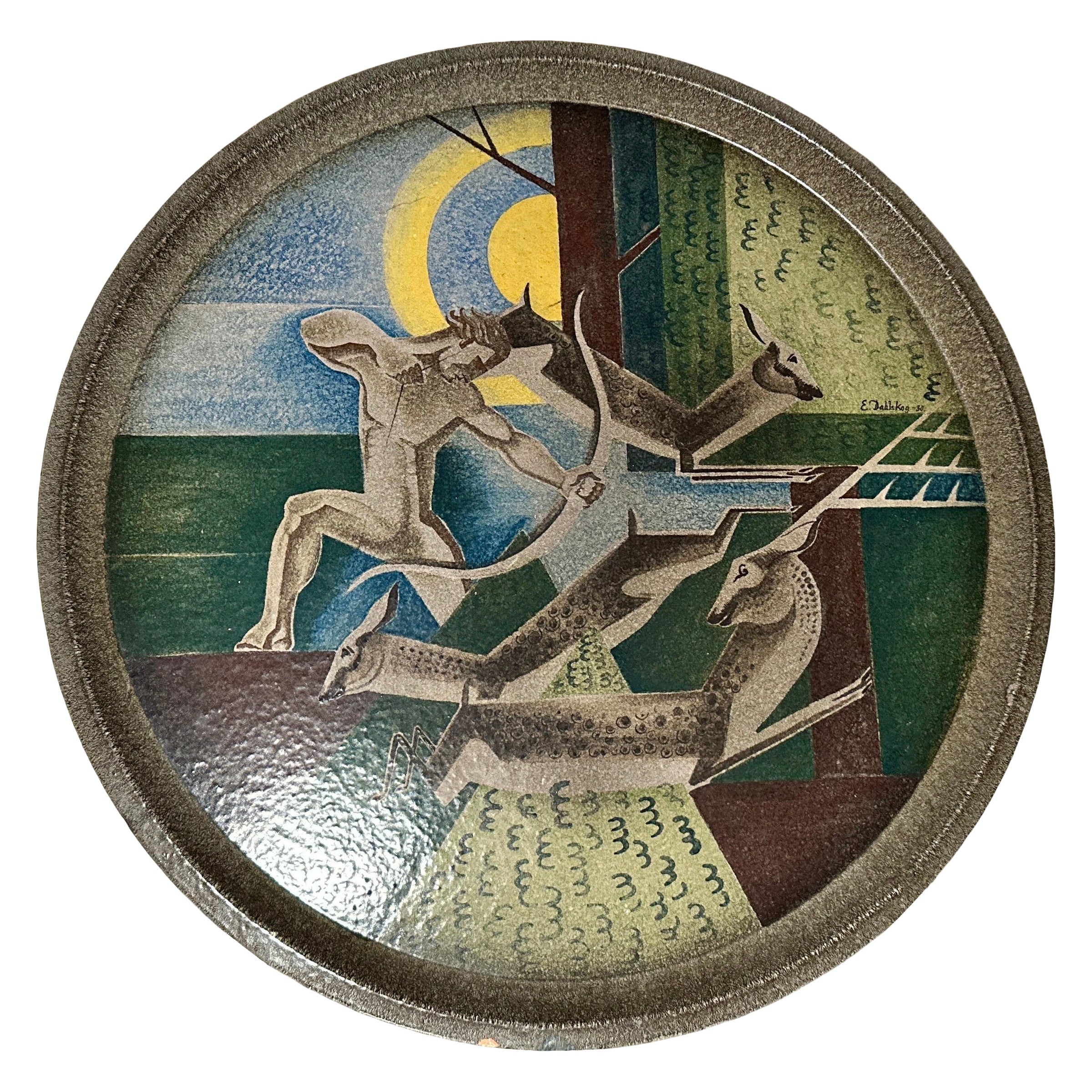Wandteller aus glasiertem Steingut von Ewald Dahlskog, datiert 1930 im Angebot