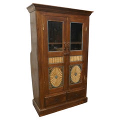 Antique Glazed Folk Art Carved 2 Door Cupboard