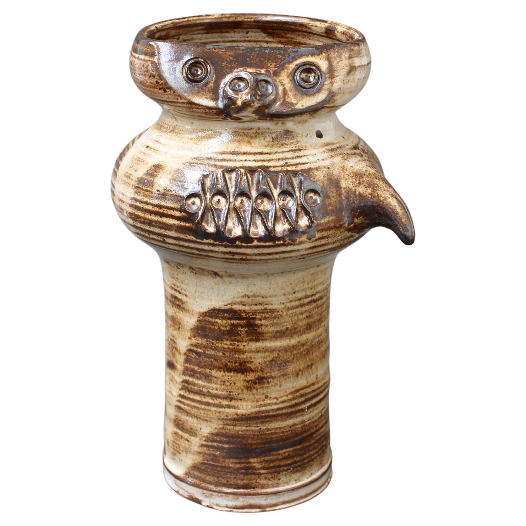 Glazed French Ceramic Stylised Owl Vase by Jacques Pouchain (circa 1960s) For Sale