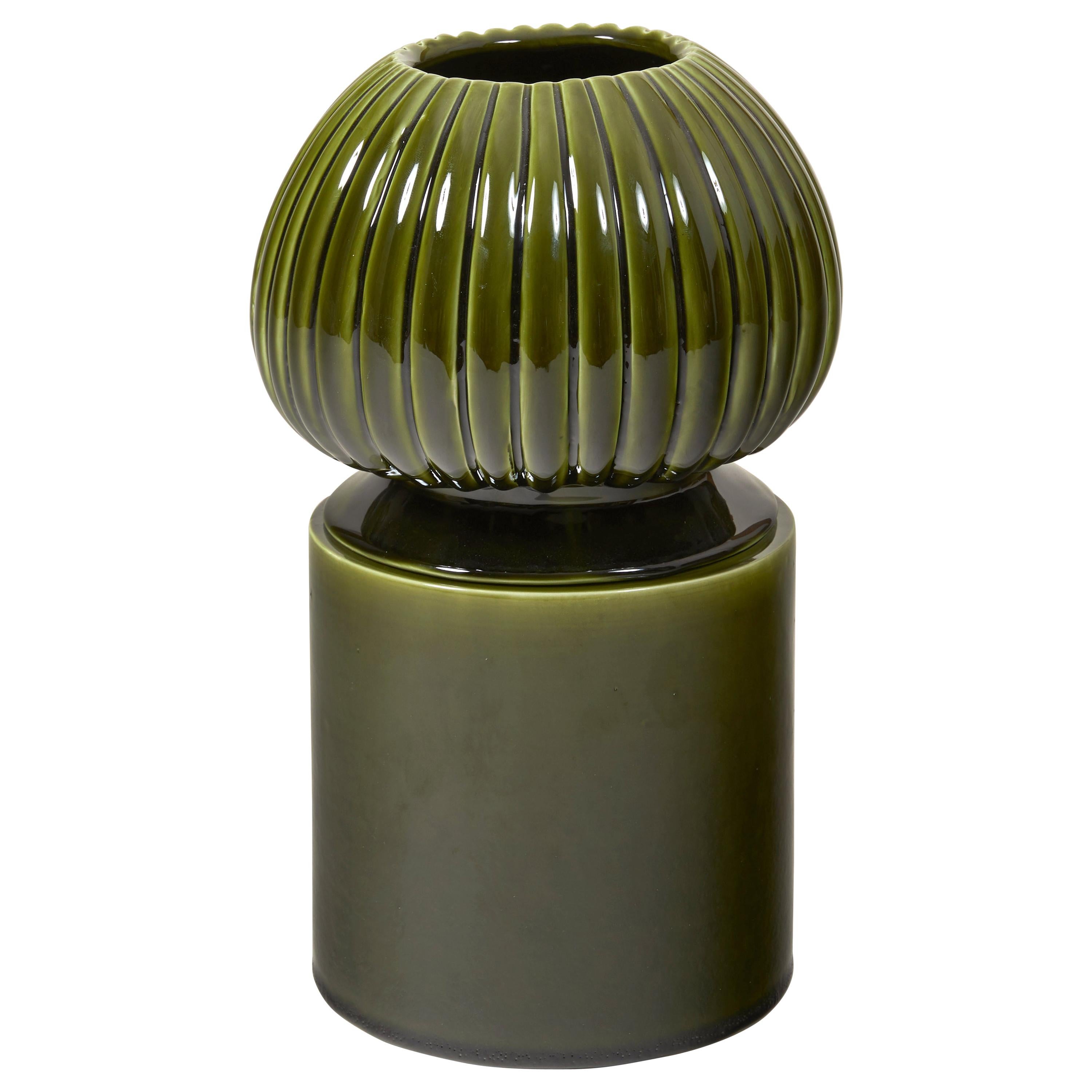 Glazed Green Large Ceramic Candleholder with Sculpted Lid by Laura Gonzalez