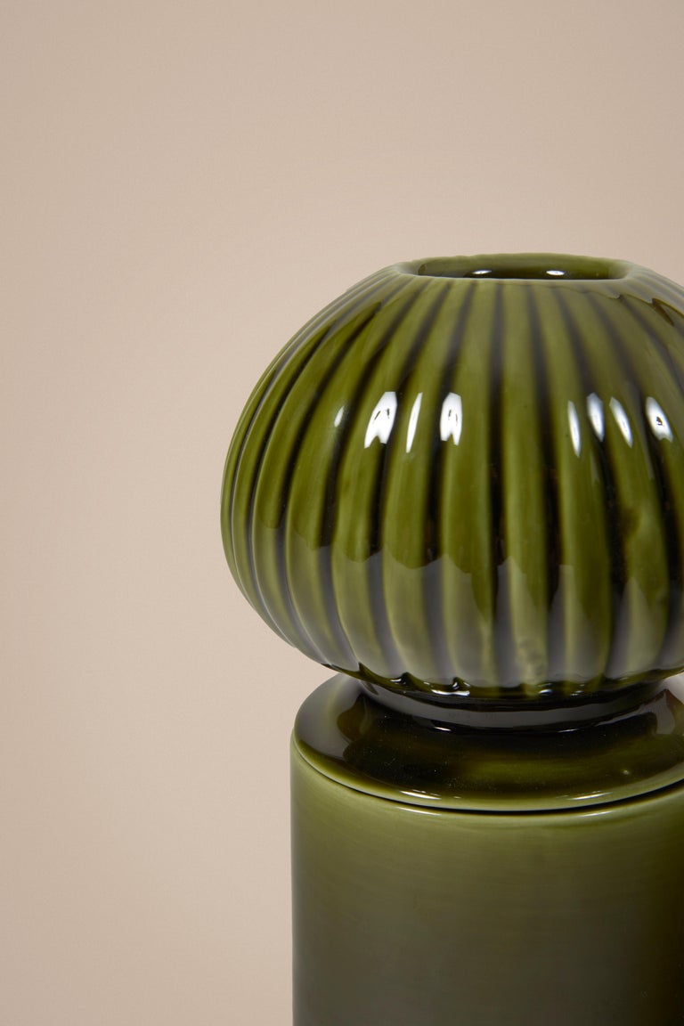 Art Deco Glazed Green Medium Ceramic Candle Holder With Sculpted Lid by Laura Gonzalez For Sale