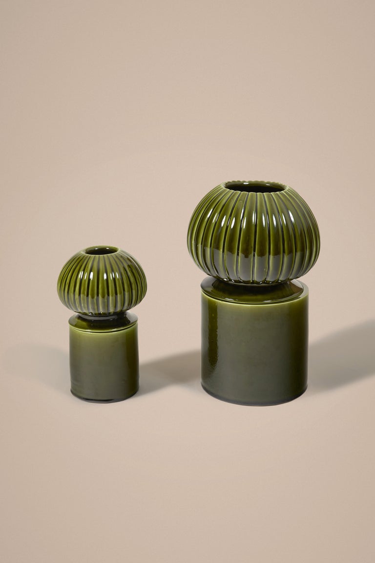 French Glazed Green Medium Ceramic Candle Holder With Sculpted Lid by Laura Gonzalez For Sale