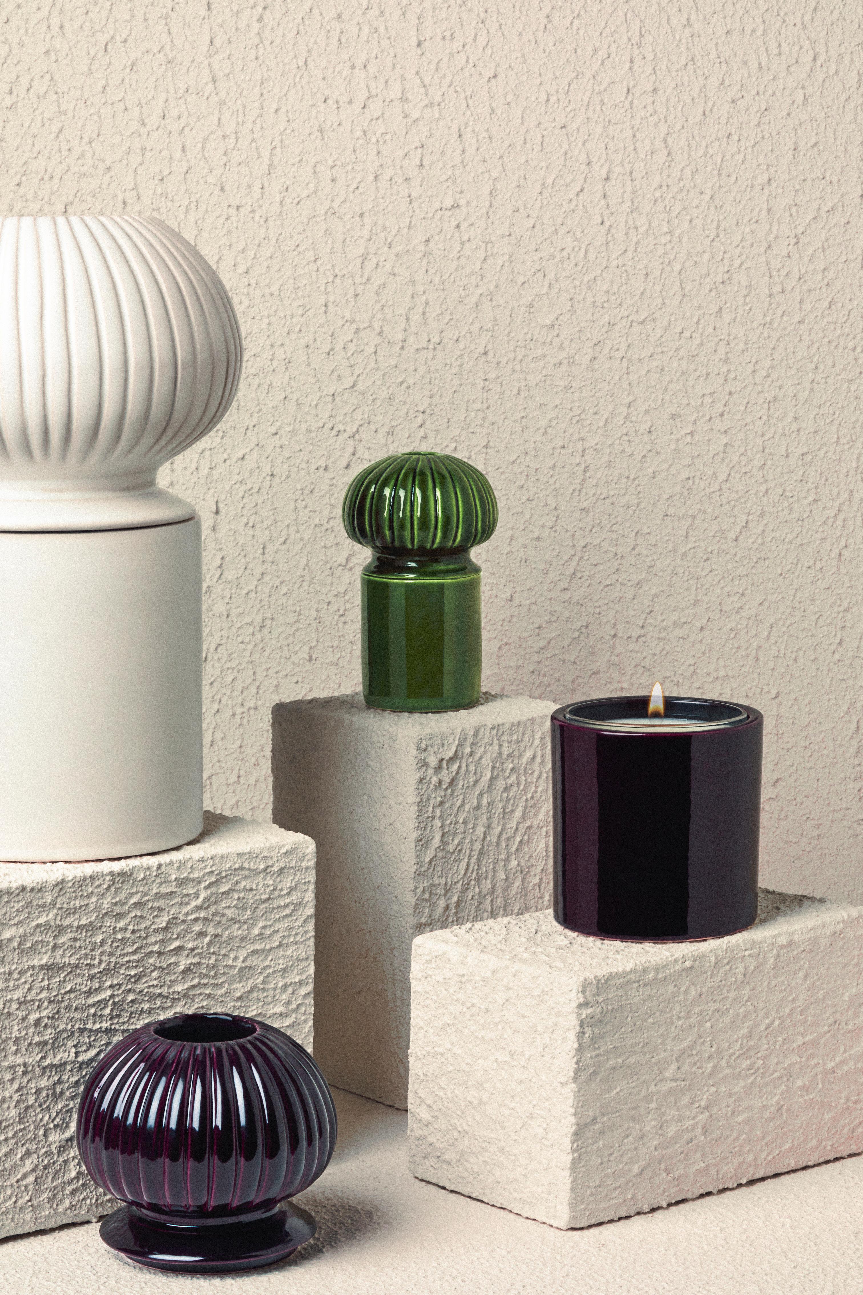 Art Deco Glazed Green Medium Ceramic Candle Holder With Sculpted Lid by Laura Gonzalez