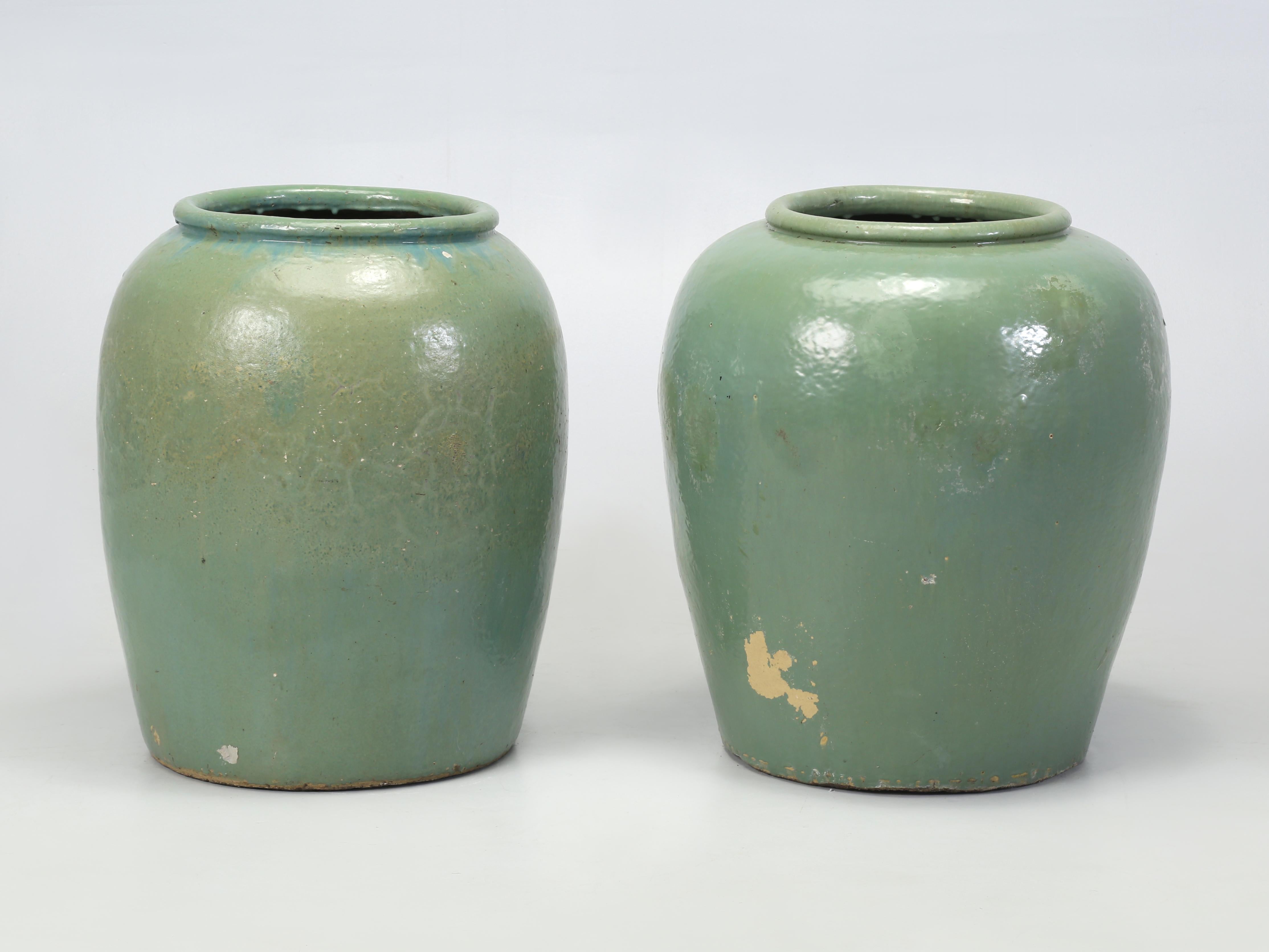 Pair of Glazed Green Vintage Planters found in Ireland. Around 25-30 years ago we used to be able to purchase these great looking terracotta glazed garden planters at an antique warehouse in the market town of Colne, Borough of Pendle in Lancashire,
