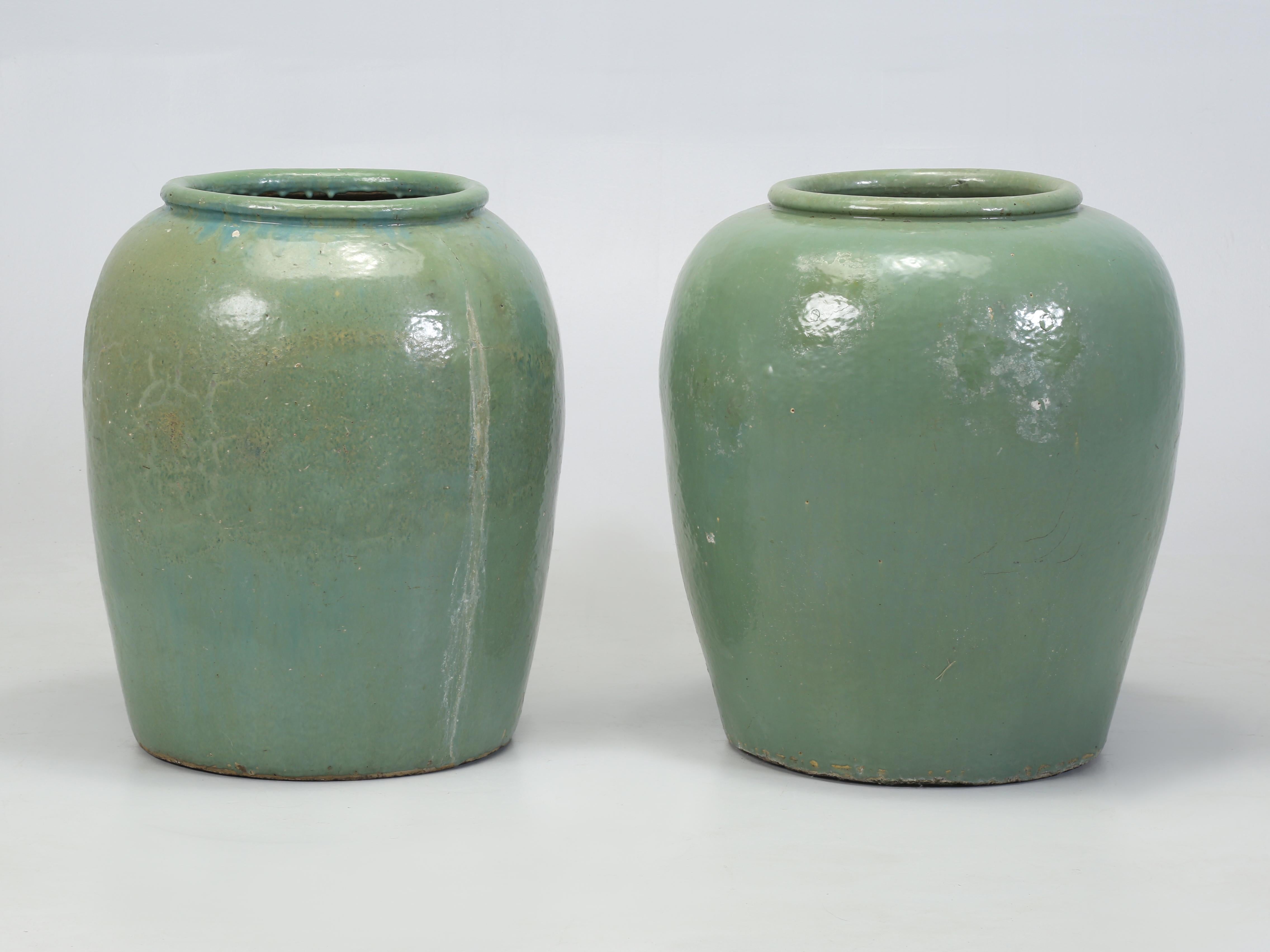 Unknown Glazed Green Vintage Garden Planters Imported from Ireland We'd call a Near Pair