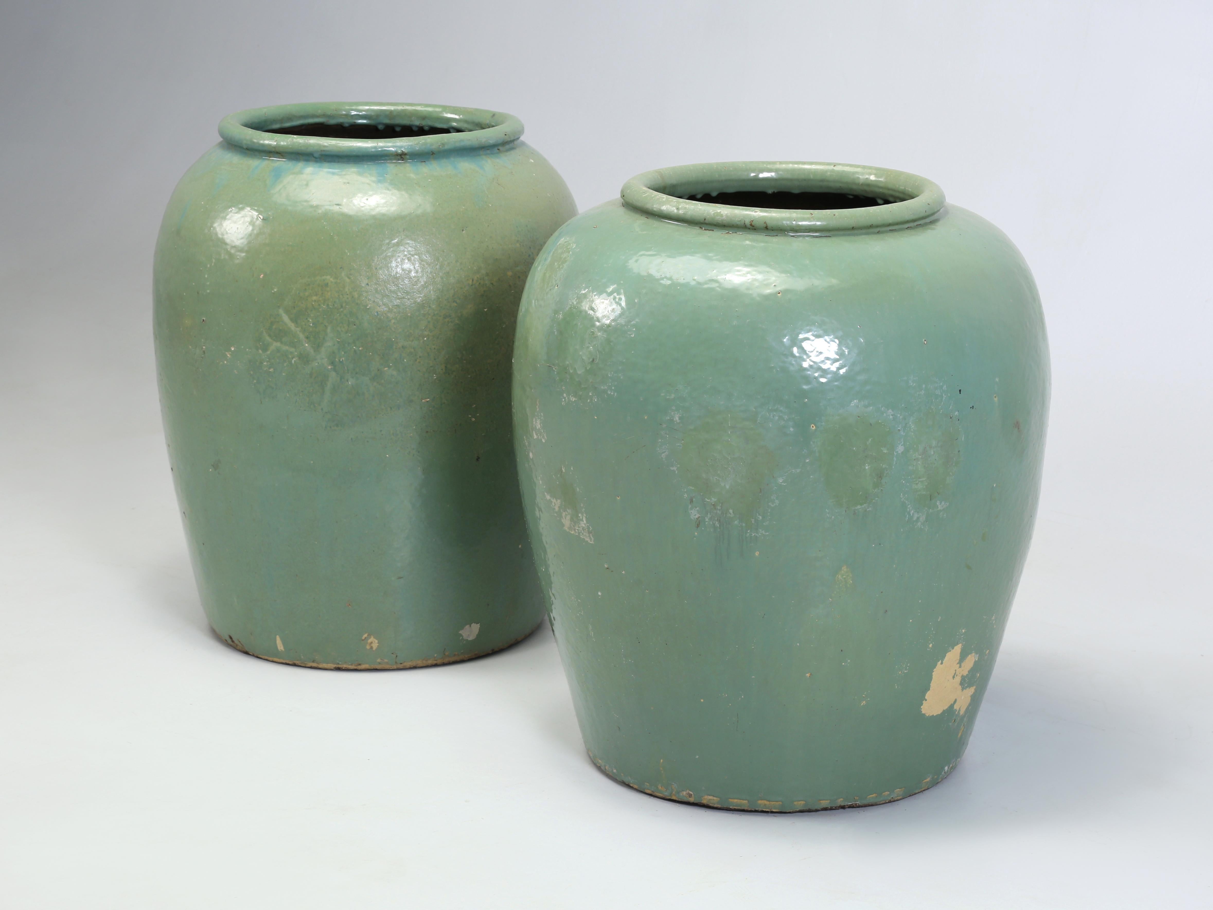 Glazed Green Vintage Garden Planters Imported from Ireland We'd call a Near Pair In Good Condition In Chicago, IL